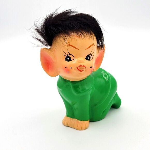 RARE Pristine 1950's Crawling Green Pixie Elf Pointy Ear Real Fur Hair Figurine - Picture 5 of 16